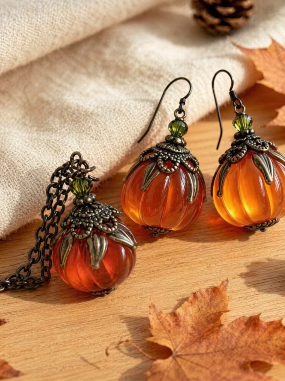 Vintage Amber Glass Pumpkin Pendant Necklace and Earrings Set